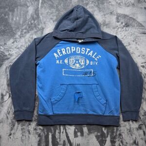 Aeropostale Hoodie Mens XL Blue Raglan Graphic Distressed Pullover Sweatshirt